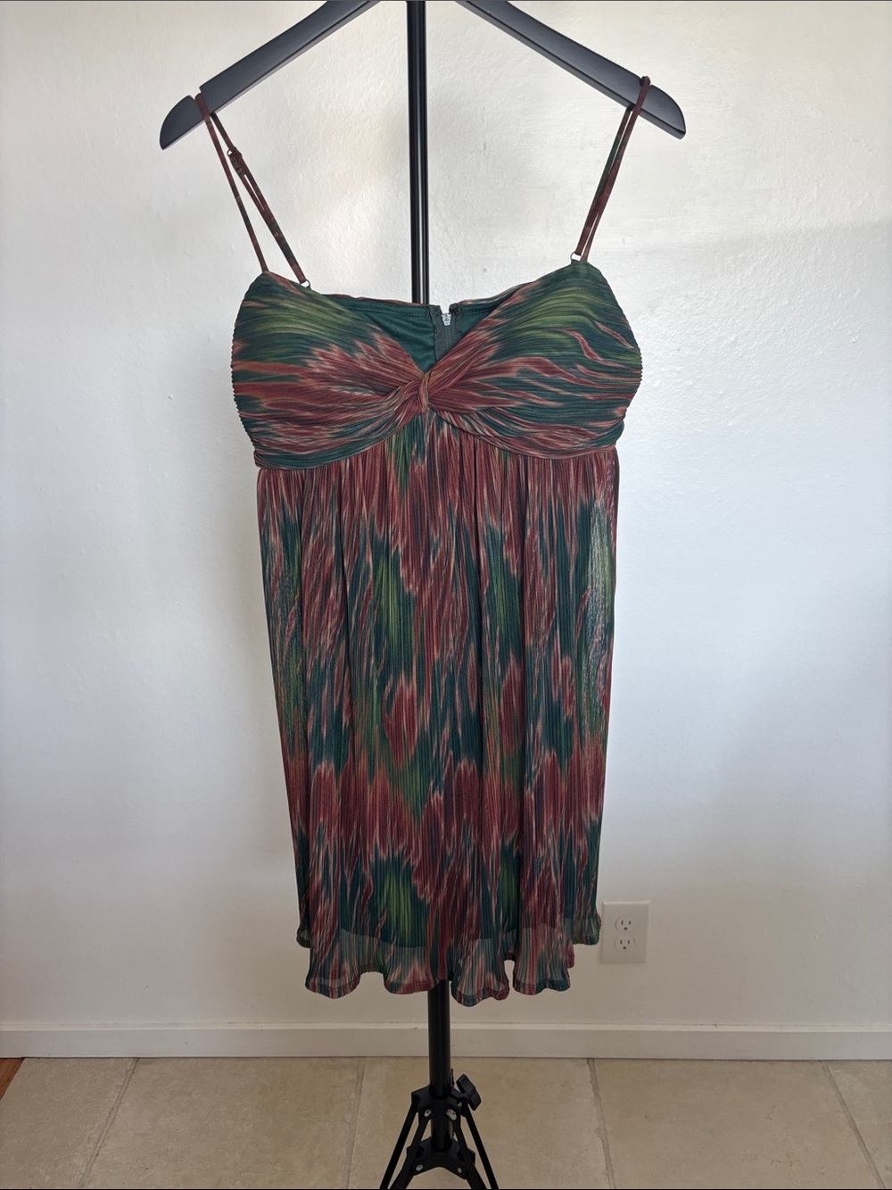 Twist-Bust Spaghetti Strap Mini Dress in Green & Rust